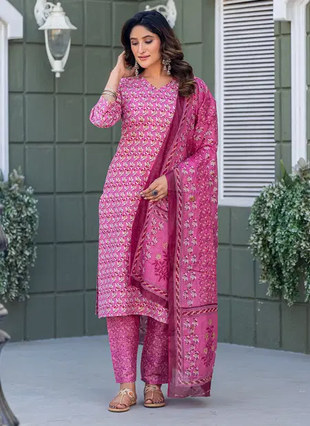 Pink Colour Cotton Blend With Print Kurti With Pant Dupatta Wholesaler In Delhi Aaradhna 2029